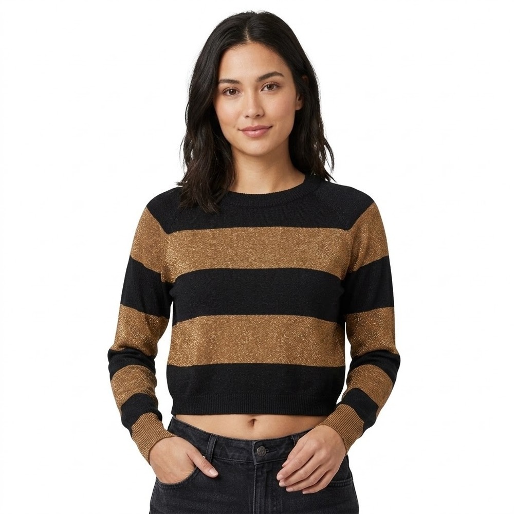 Miou Muse Crop Top Sweater Womens M Black Gold Metallic Striped Cropped Knit New